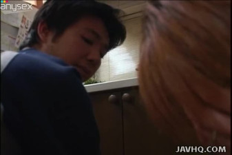 Horny Japanese housewife Riko Katase sucking dick in the kitchen