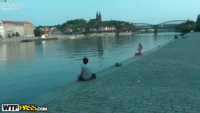 Sexy Russian cutie sits near the river waiting for a strong stud