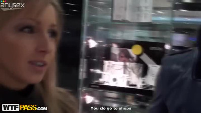 Skanky blonde babe fucks a guy in a store