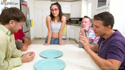 Nerdy in glasses Isabella Nice gives a blowjob to her stepbrother and his fellows