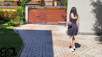 Outdoor Italian fuck with cum on ass by a hot brunette in summer dress, Eliva Love