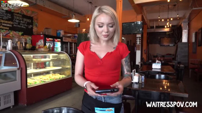 Pretty waitress Dakota Skye gives a blowjob and gets laid for cash