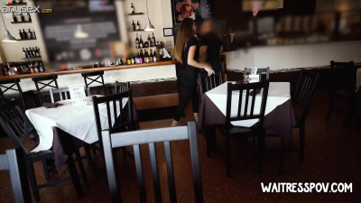 Sizzling waitress Mackenzie Mace gives a blowjob and gets fucked for extra tips