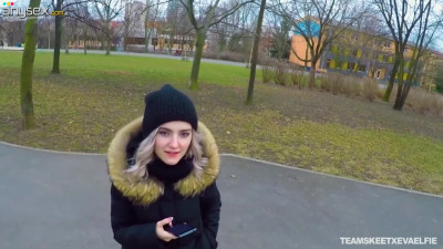 Naughty Russian teen Eva Elfie gives a blowjob in public for money