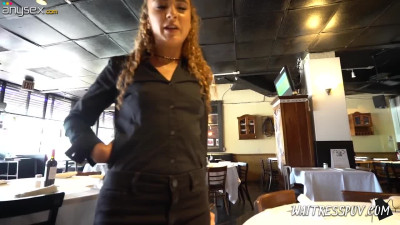 Curly red haired waitress Venus Valkyrie is fucked for money by one kinky stranger