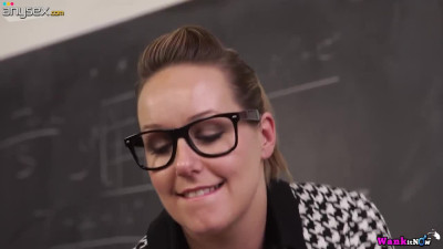 Strict teacher Ashley Rider is teaching students how to low and jerks off cock