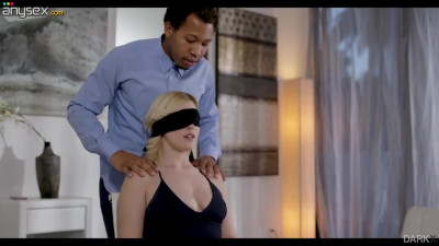 Blind folded blonde Summer Day gives a blowjob to black BF's friend