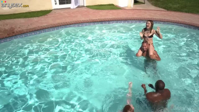 Two black fellows fuck Jane Wilde and her girlfriend by the poolside