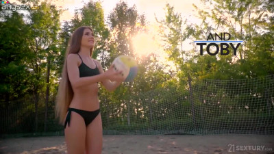 Sexy volleyball player Mary Rock gets her mouth and anus rammed in public