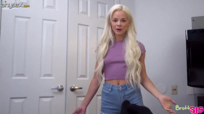 Naughty petite blonde Elsa Jean gives a tugjob to her horny stepbrother