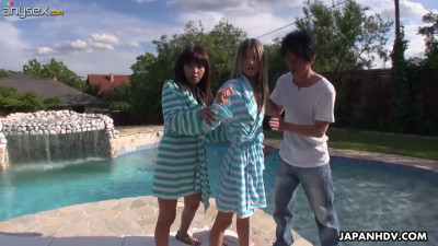 Japanese Marika Hase and Russian Gina Gerson enjoy crazy 3some by the poolside