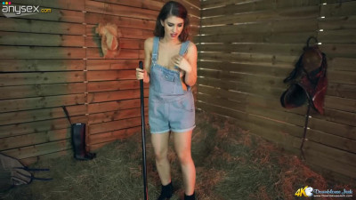 Nude overalls chick Katie Louise shows her yummy tits with perky nipples