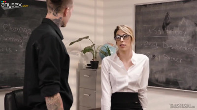 Tall shemale teacher Casey Kisses is having an affair with kinky tattooed student