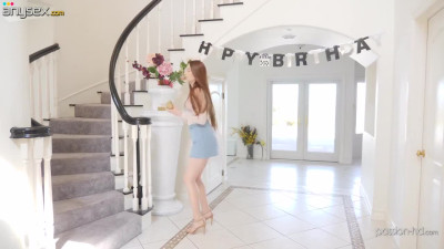 Alluring babe Nina Skye gives a blowjob to her birthday boyfriend