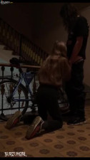 Skinny girl sucks dick and fucks with her dude on the stairs