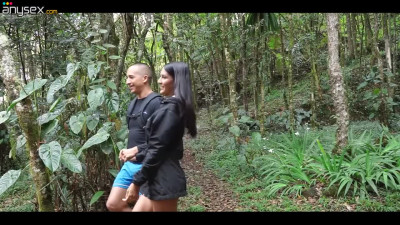 Lustful Latina does not mind publicly having sex while walking through the woods.