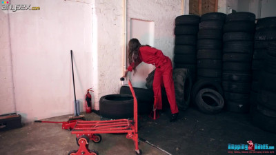 Captivating and sex-appeal babe Jemma gets naked in the tire store