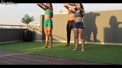 Outdoor gymnastics continues with wild threesome for couple dolls