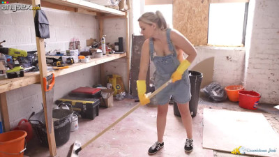 Cute nude blonde in overalls Anna Belle shows off her hard and perky nipples