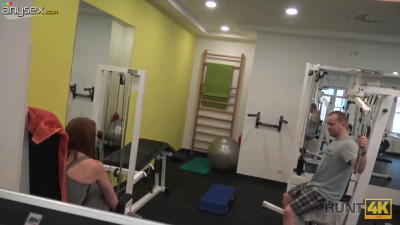 Frivolous red head gets her pussy fucked for cash at the gym