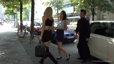 Several sex-hungry dudes fuck slutty tattooed chick in public