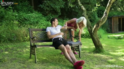 Busty petite blonde Nicky Lex is making love with her BF in the garden