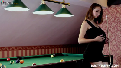 Mega busty young chick is playing billiard and masturbating her pussy