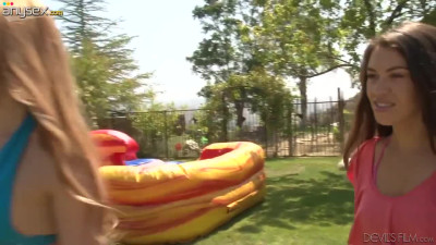 Two playful chicks enjoy jumping and eating each others pussies