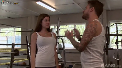 Slutty April Blue gives blowjob to fitness instructor and gets rammed at the gym