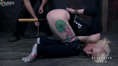 Chick with nice tattoo gets punished with long stick and vibrating sex toy