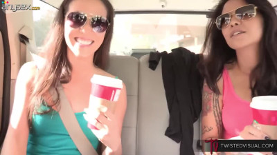 Backseat lesbian sex with two nasty bitches