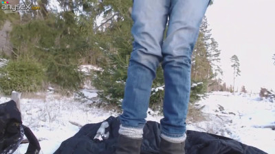 Teen gets double penetration with toys while sitting on a snowdrift