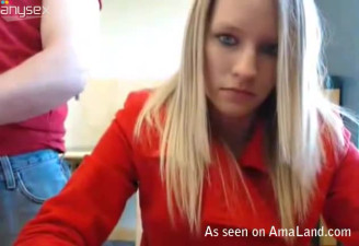 Amateur blonde GF in red coat sucking dick deepthroat